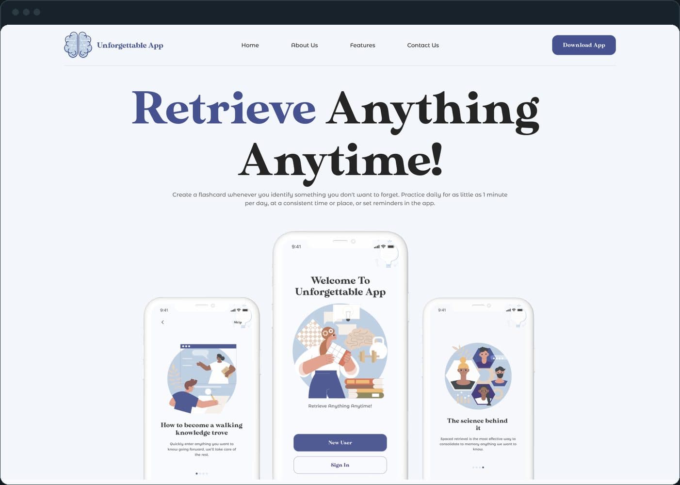 Unforgettable App: What does the landing page say?