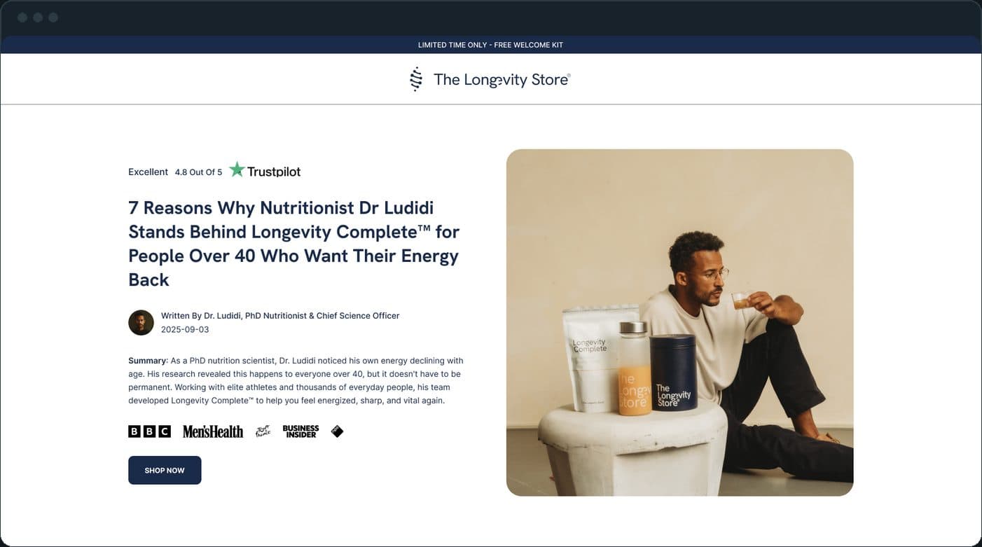 The Longevity Store: What is the page selling, and how does it open?