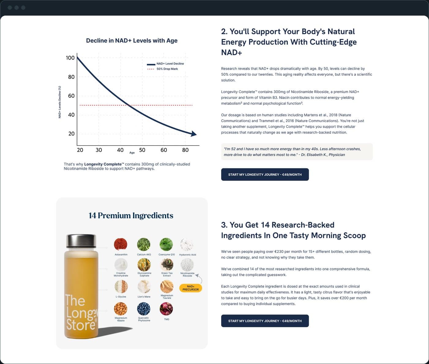 The Longevity Store: How does the page make its case?